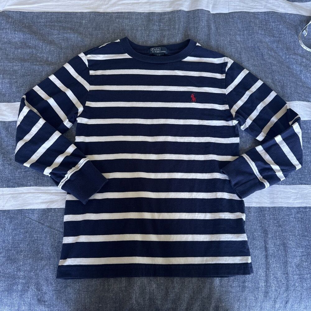 Polo Ralph Lauren Stripe Sweatshirt Youth S 8 Blue White Crew Neck Long sleeves